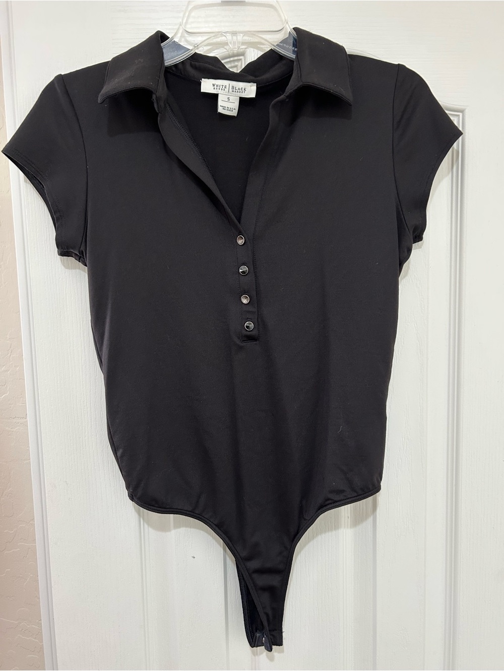 White House Black Market Black Polo-Style Button Down Bodysuit With Snaps
